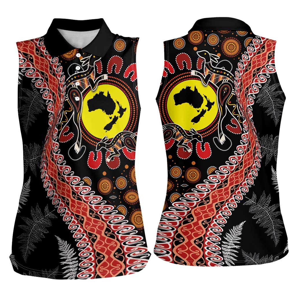 Aotearoa and Australia Women Sleeveless Polo Shirt Maori Koru Ferns With Aboriginal Kangaroo