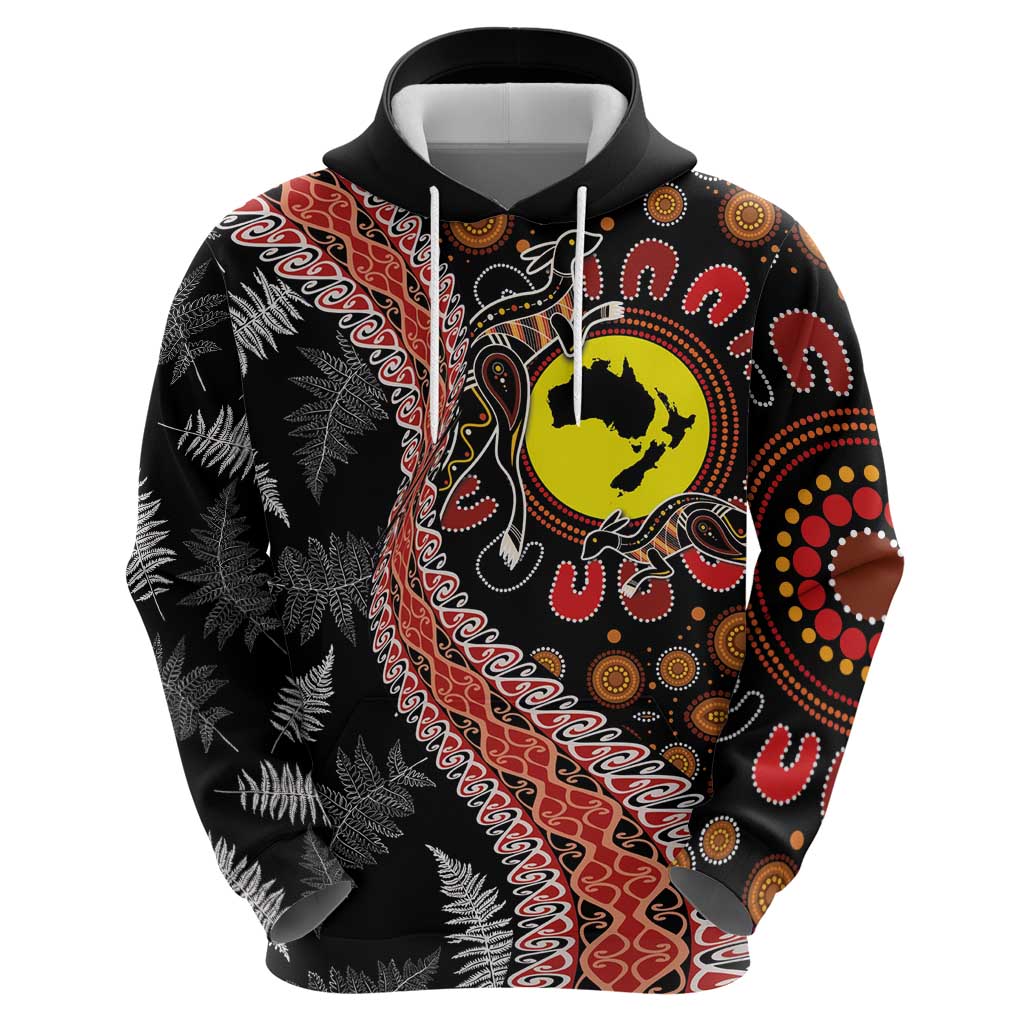 Aotearoa and Australia Zip Hoodie Maori Koru Ferns With Aboriginal Kangaroo