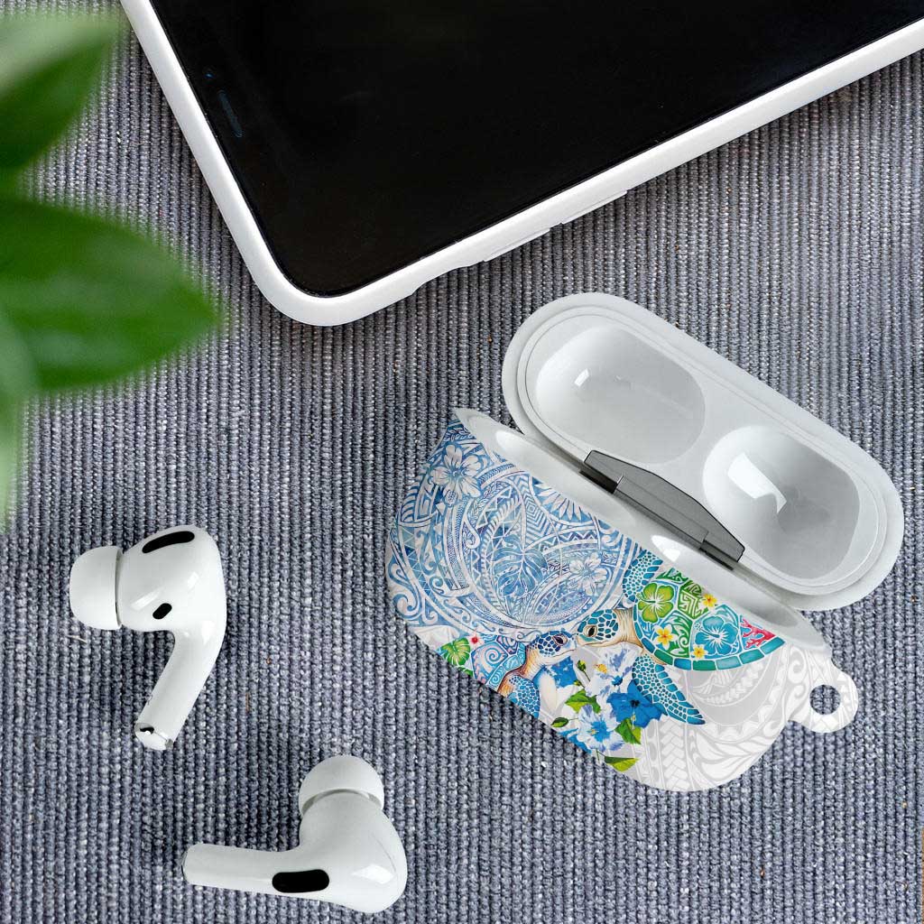 Hawaiian Couple Turtles Honi AirPods Case Polynesian Art Motifs and Hibiscus White Blue Color - Polynesian Pride