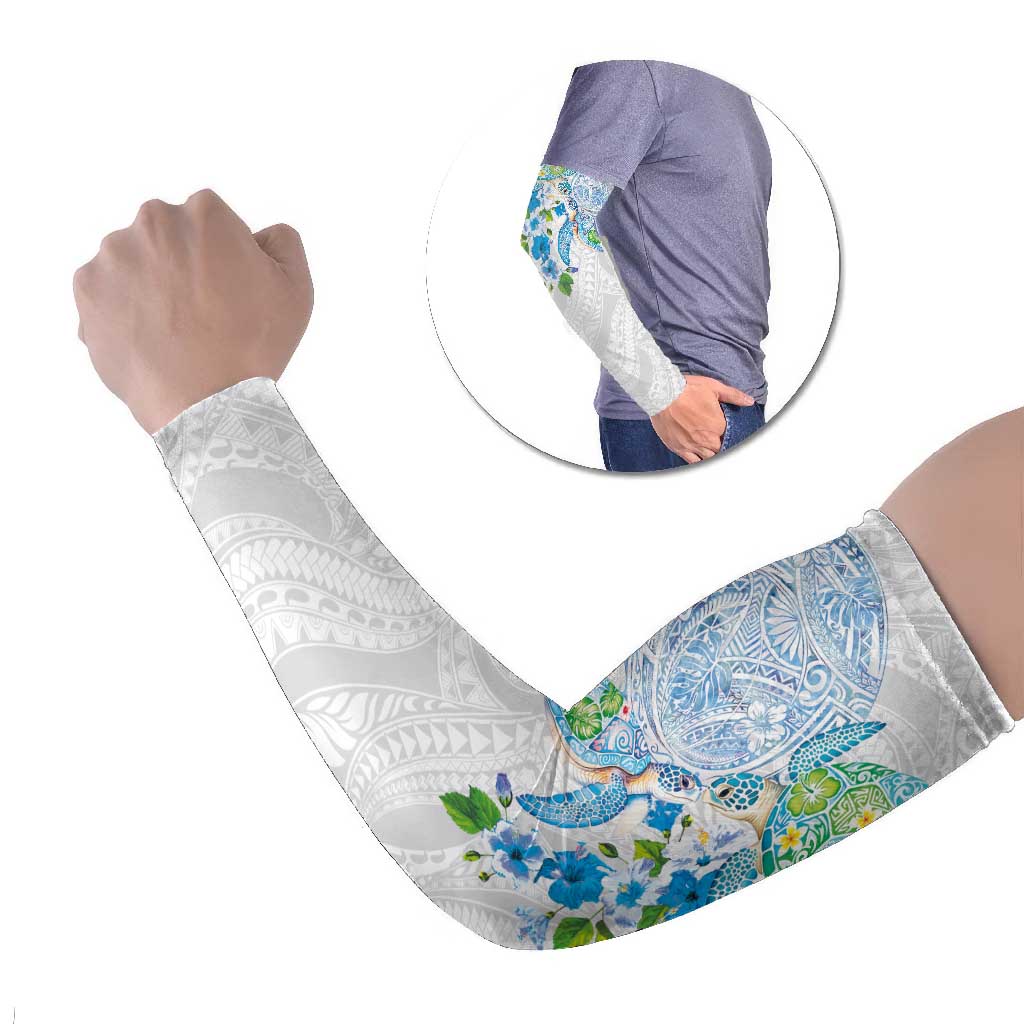 Hawaiian Couple Turtles Honi Arm Sleeves Polynesian Art Motifs and Hibiscus White Blue Color - Polynesian Pride