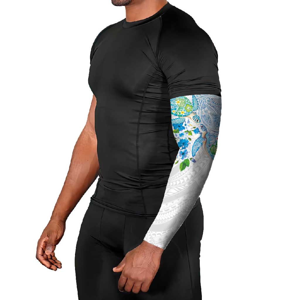 Hawaiian Couple Turtles Honi Arm Sleeves Polynesian Art Motifs and Hibiscus White Blue Color - Polynesian Pride