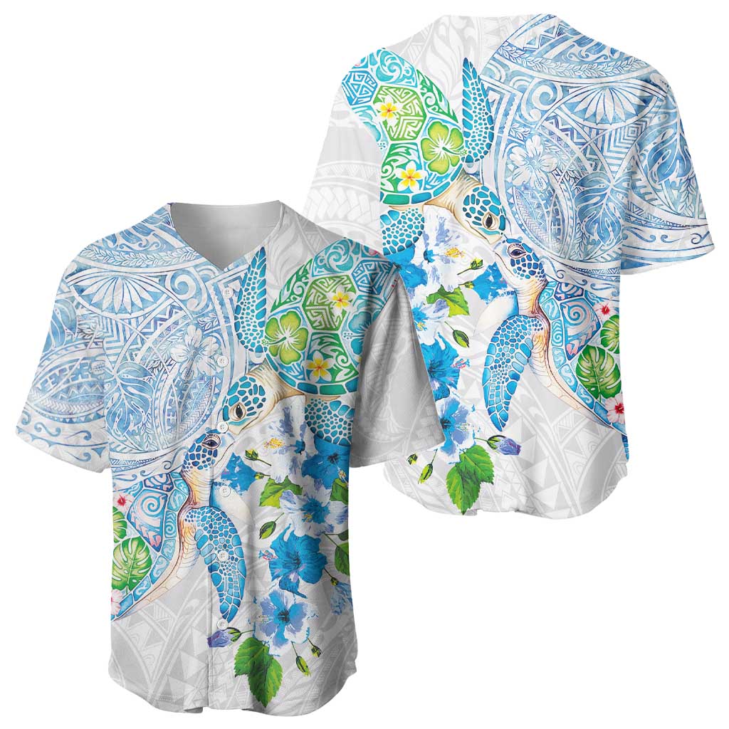 Hawaiian Couple Turtles Honi Baseball Jersey Polynesian Art Motifs and Hibiscus White Blue Color - Polynesian Pride