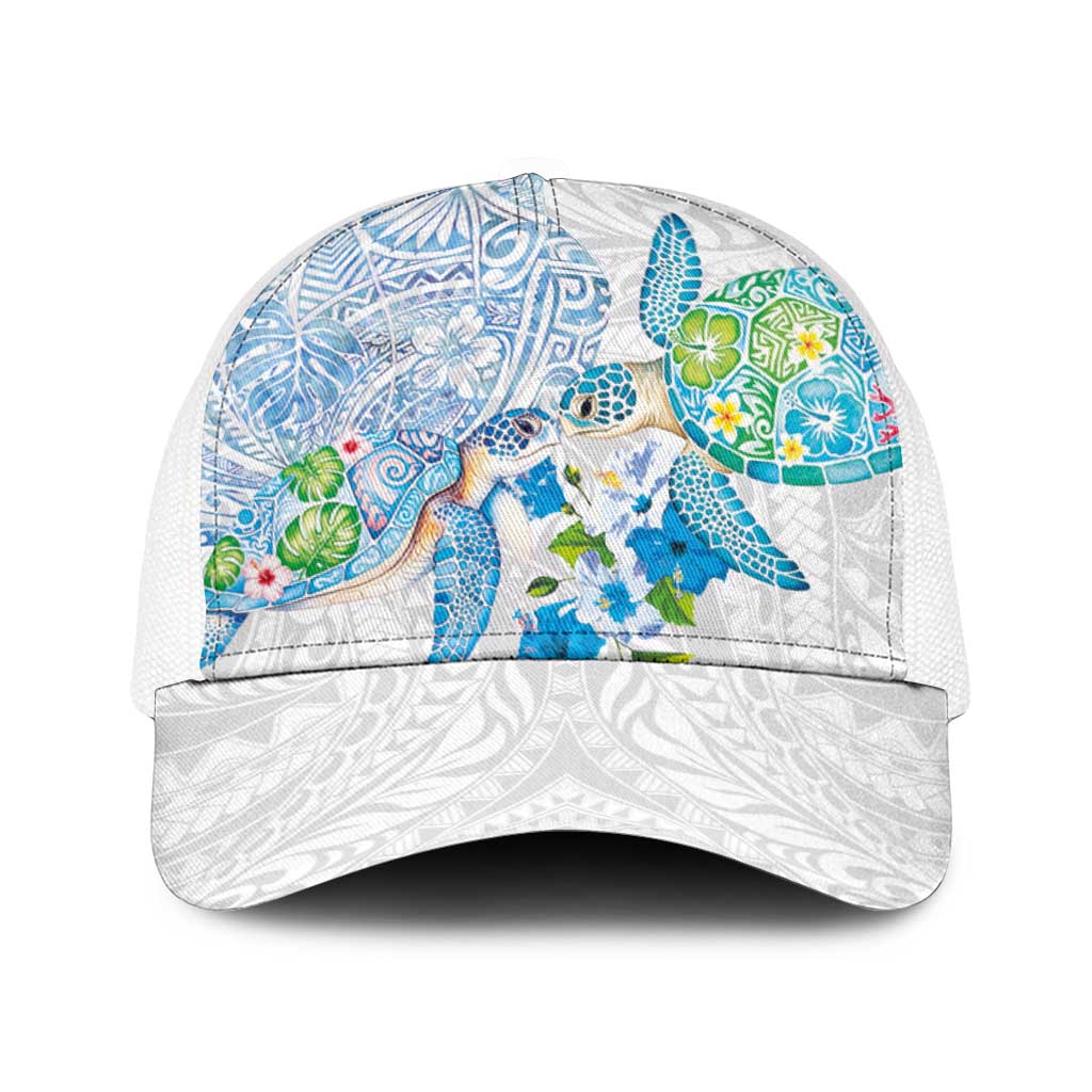 Hawaiian Couple Turtles Honi Baseball Net Cap Polynesian Art Motifs and Hibiscus White Blue Color LT03 One Size White White - Polynesian Pride