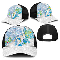 Hawaiian Couple Turtles Honi Baseball Net Cap Polynesian Art Motifs and Hibiscus White Blue Color LT03 - Polynesian Pride