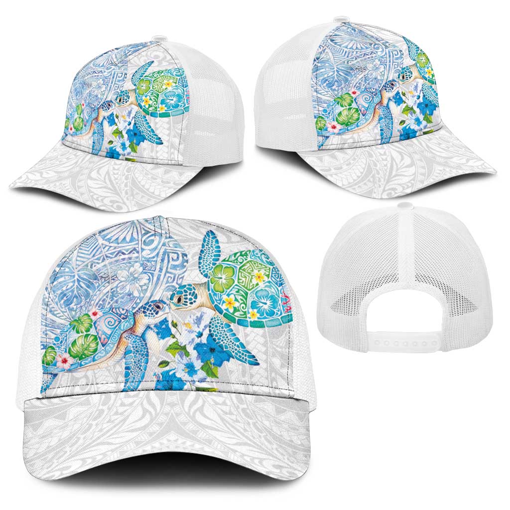 Hawaiian Couple Turtles Honi Baseball Net Cap Polynesian Art Motifs and Hibiscus White Blue Color LT03 - Polynesian Pride