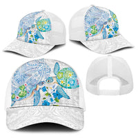 Hawaiian Couple Turtles Honi Baseball Net Cap Polynesian Art Motifs and Hibiscus White Blue Color LT03 - Polynesian Pride
