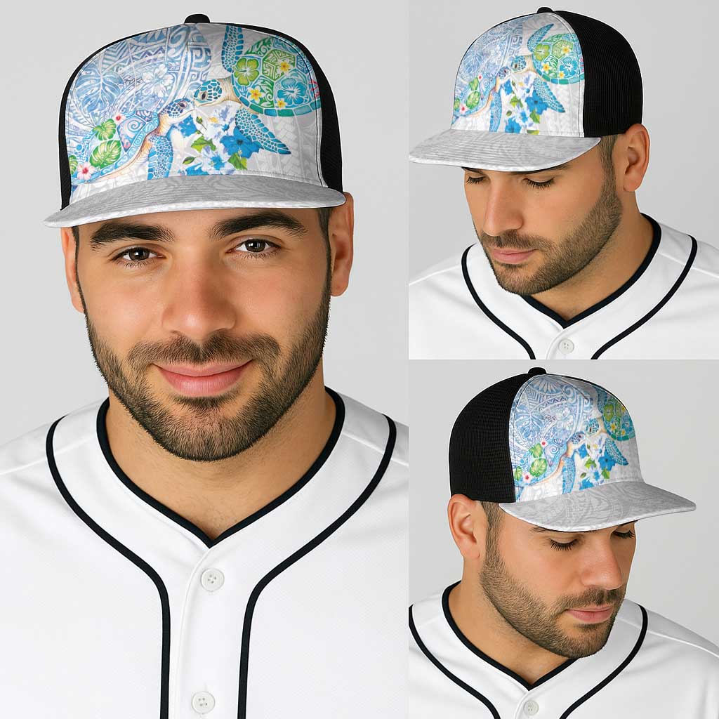 Hawaiian Couple Turtles Honi Baseball Net Cap Polynesian Art Motifs and Hibiscus White Blue Color LT03 - Polynesian Pride