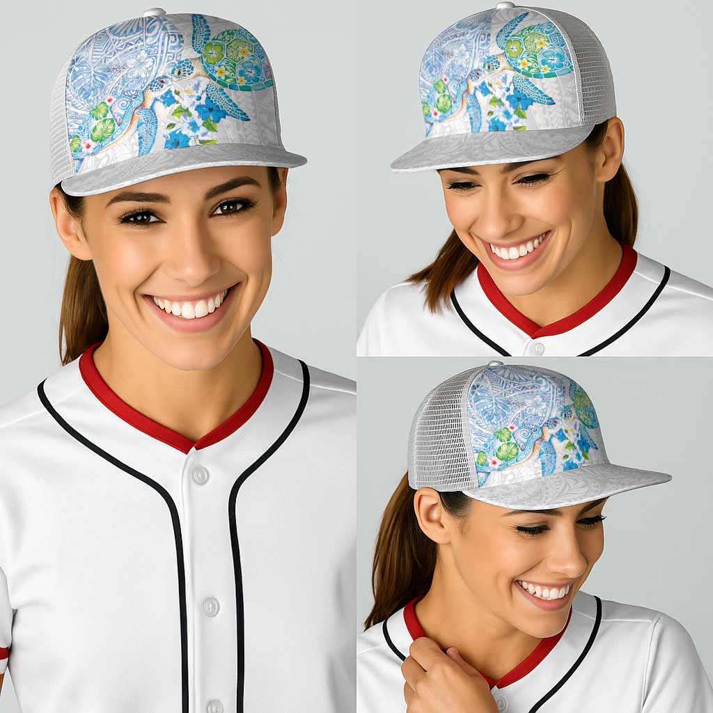 Hawaiian Couple Turtles Honi Baseball Net Cap Polynesian Art Motifs and Hibiscus White Blue Color LT03 - Polynesian Pride