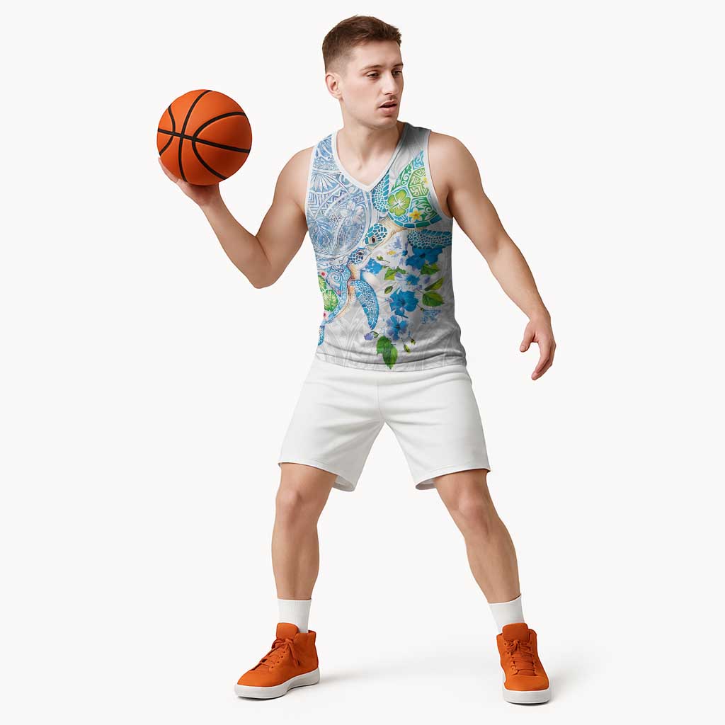 Hawaiian Couple Turtles Honi Basketball Jersey Polynesian Art Motifs and Hibiscus White Blue Color - Polynesian Pride