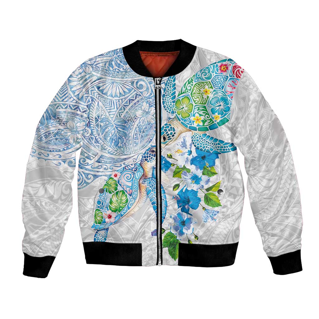Hawaiian Couple Turtles Honi Bomber Jacket Polynesian Art Motifs and Hibiscus White Blue Color LT03 Unisex White - Polynesian Pride