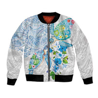 Hawaiian Couple Turtles Honi Bomber Jacket Polynesian Art Motifs and Hibiscus White Blue Color LT03 Unisex White - Polynesian Pride