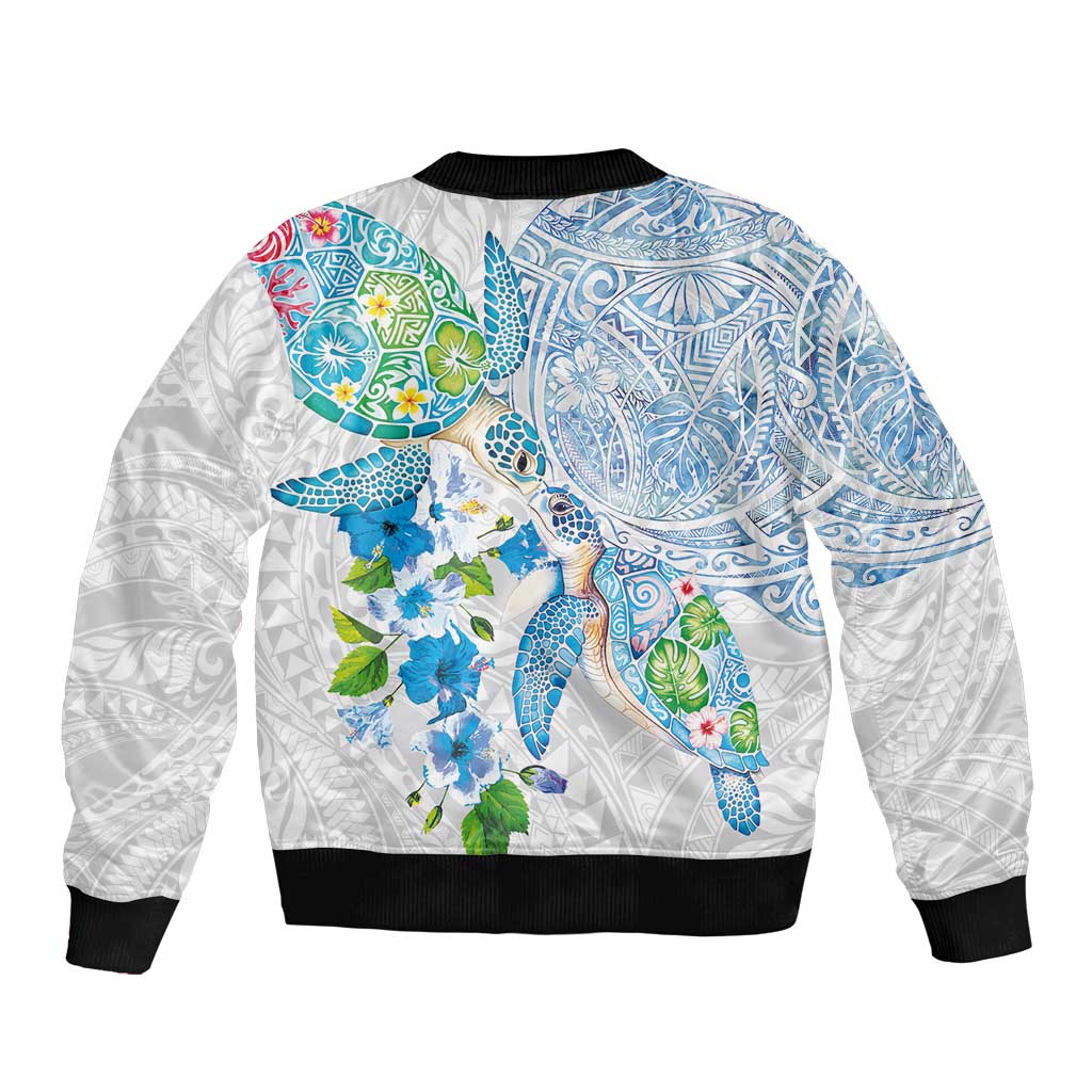Hawaiian Couple Turtles Honi Bomber Jacket Polynesian Art Motifs and Hibiscus White Blue Color LT03 - Polynesian Pride