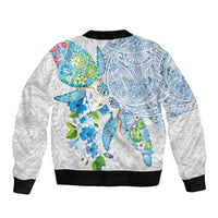 Hawaiian Couple Turtles Honi Bomber Jacket Polynesian Art Motifs and Hibiscus White Blue Color LT03 - Polynesian Pride