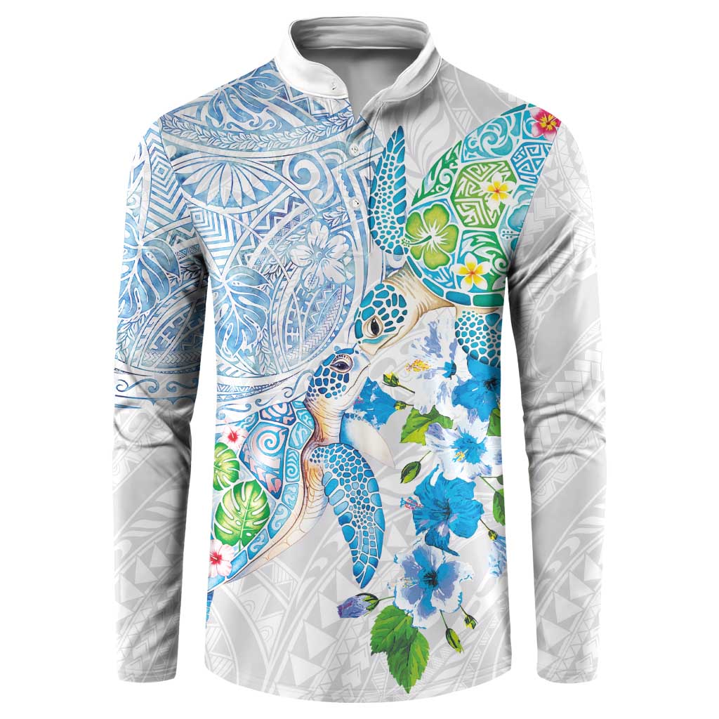 Hawaiian Couple Turtles Honi Button Sweatshirt Polynesian Art Motifs and Hibiscus White Blue Color LT03 White - Polynesian Pride