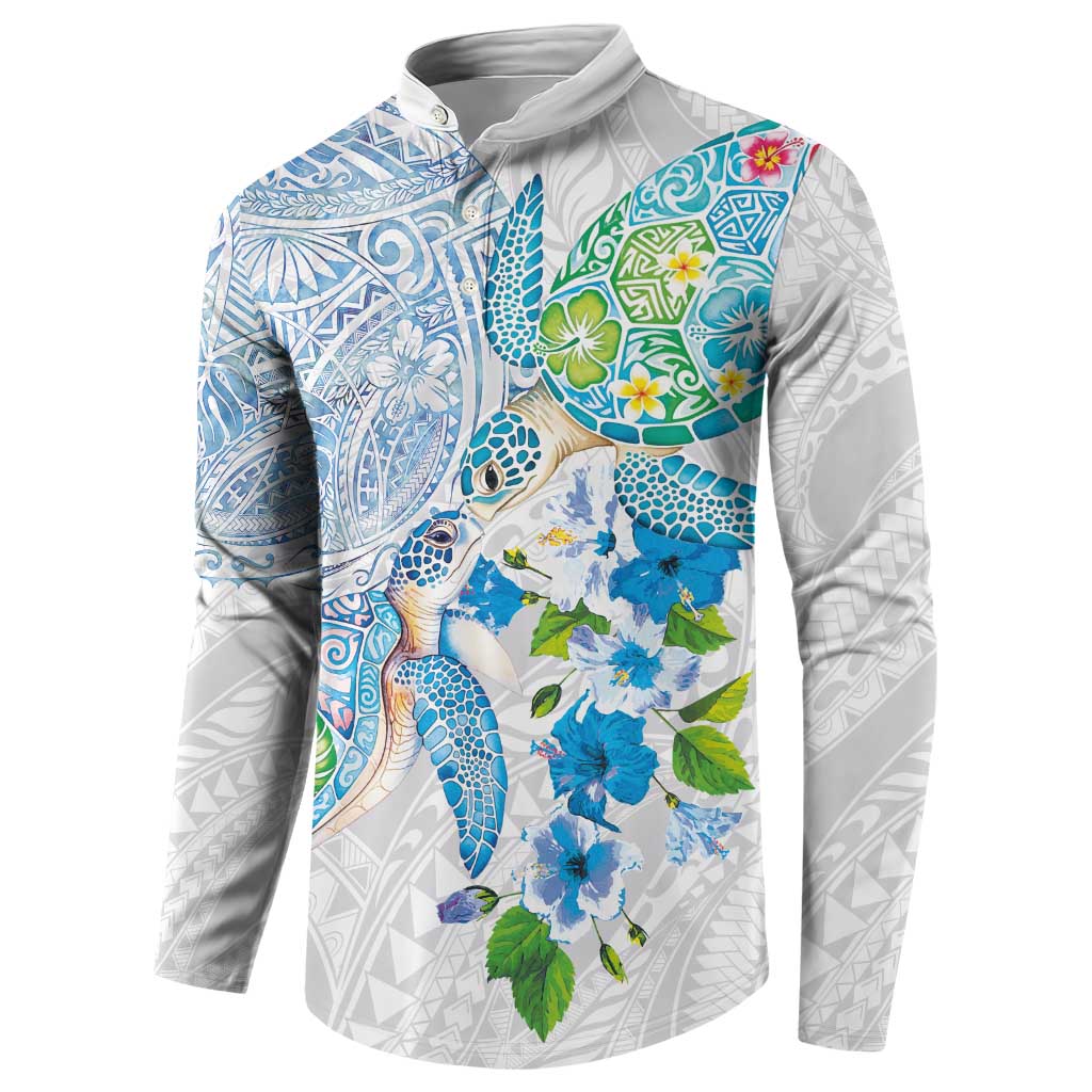 Hawaiian Couple Turtles Honi Button Sweatshirt Polynesian Art Motifs and Hibiscus White Blue Color LT03 - Polynesian Pride