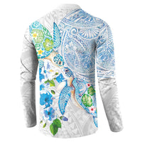 Hawaiian Couple Turtles Honi Button Sweatshirt Polynesian Art Motifs and Hibiscus White Blue Color LT03 - Polynesian Pride