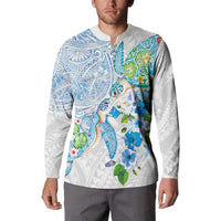 Hawaiian Couple Turtles Honi Button Sweatshirt Polynesian Art Motifs and Hibiscus White Blue Color LT03 - Polynesian Pride
