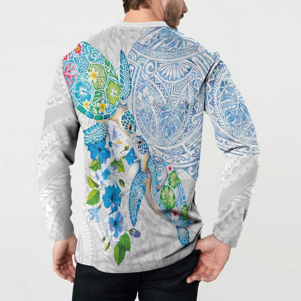 Hawaiian Couple Turtles Honi Button Sweatshirt Polynesian Art Motifs and Hibiscus White Blue Color LT03 - Polynesian Pride