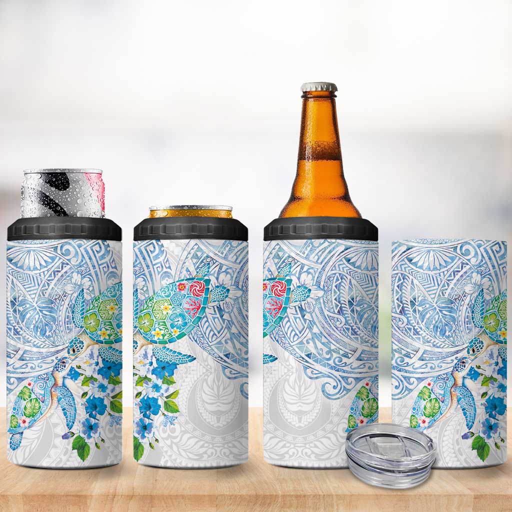 Hawaiian Couple Turtles Honi 4 in 1 Can Cooler Tumbler Polynesian Art Motifs and Hibiscus White Blue Color - Polynesian Pride