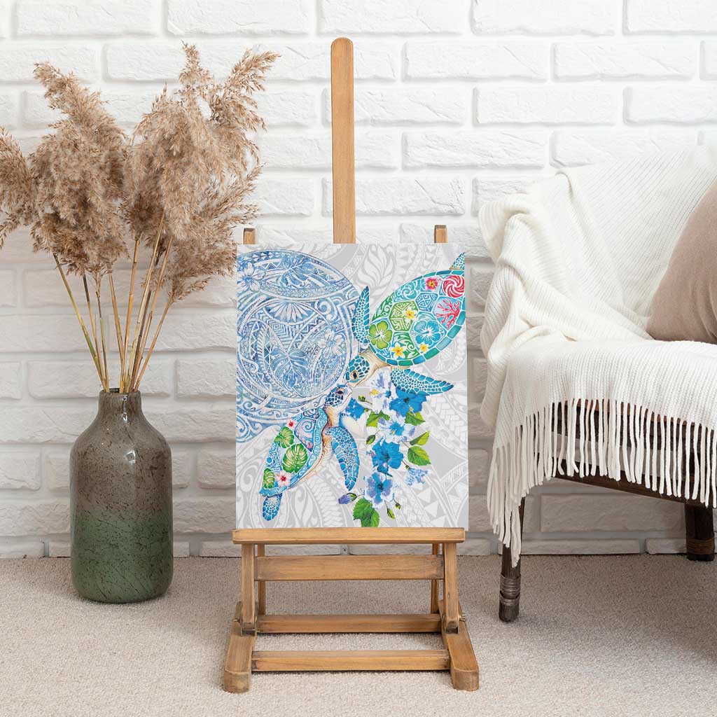 Hawaiian Couple Turtles Honi Canvas Wall Art Polynesian Art Motifs and Hibiscus White Blue Color - Polynesian Pride