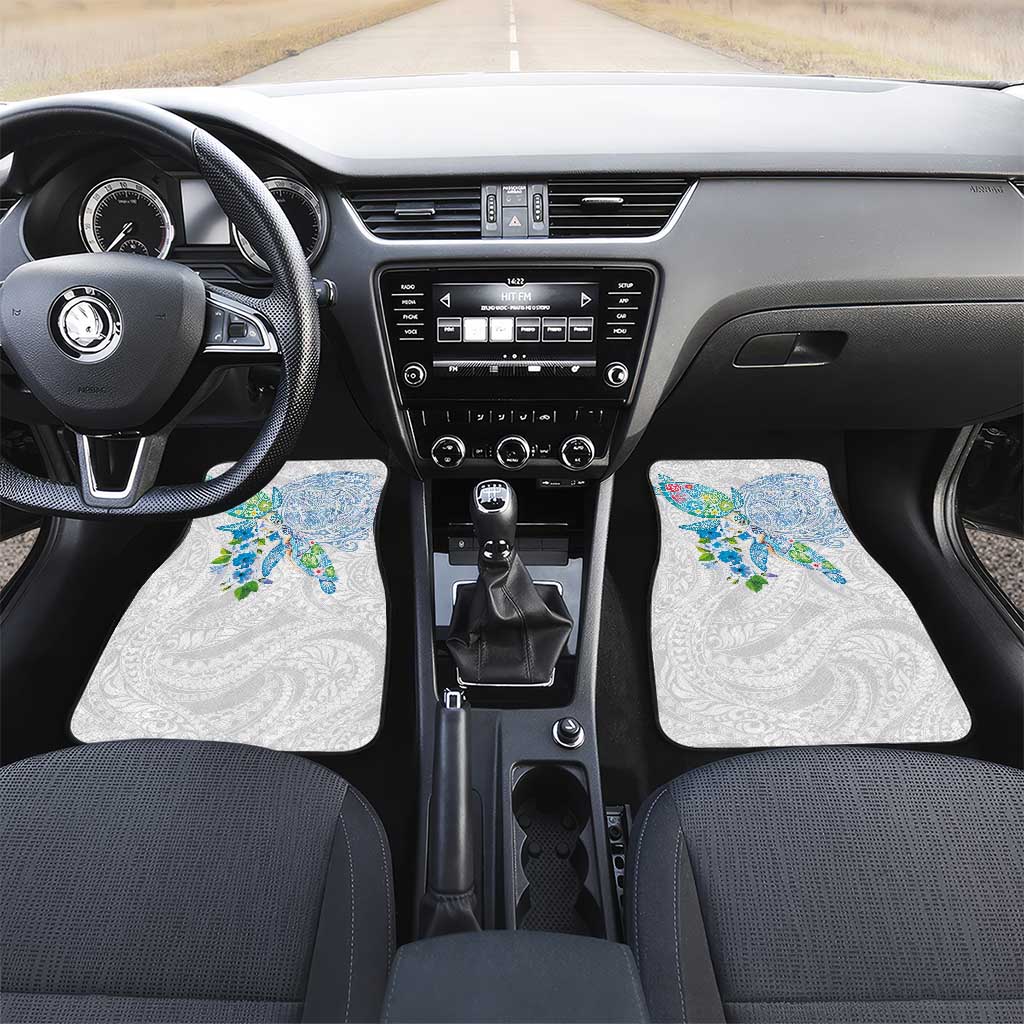 Hawaiian Couple Turtles Honi Car Mats Polynesian Art Motifs and Hibiscus White Blue Color - Polynesian Pride