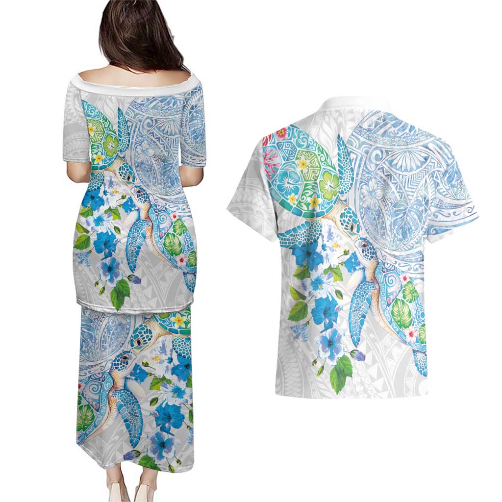 Hawaiian Couple Turtles Honi Couples Matching Puletasi and Hawaiian Shirt Polynesian Art Motifs and Hibiscus White Blue Color - Polynesian Pride