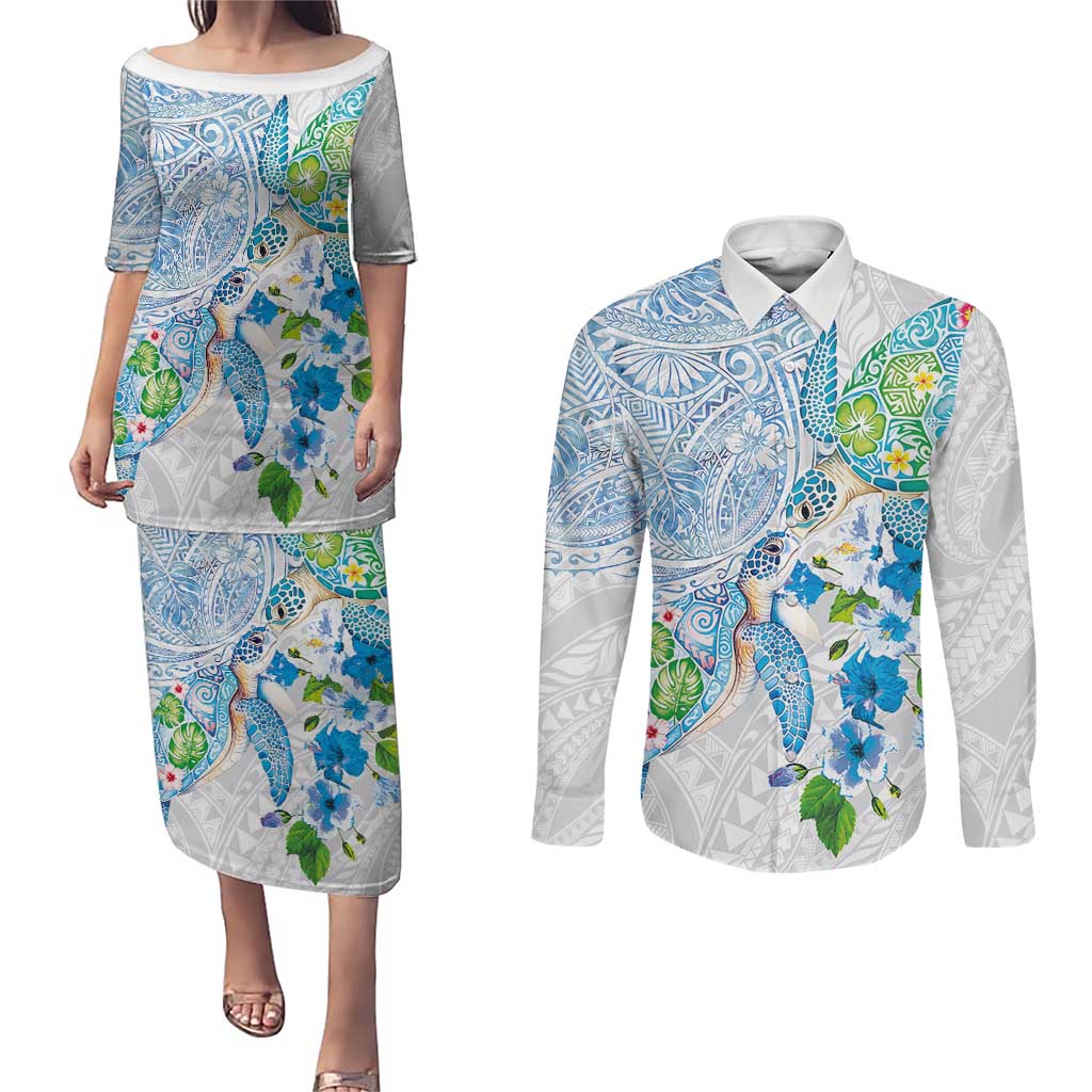 Hawaiian Couple Turtles Honi Couples Matching Puletasi and Long Sleeve Button Shirt Polynesian Art Motifs and Hibiscus White Blue Color - Polynesian Pride