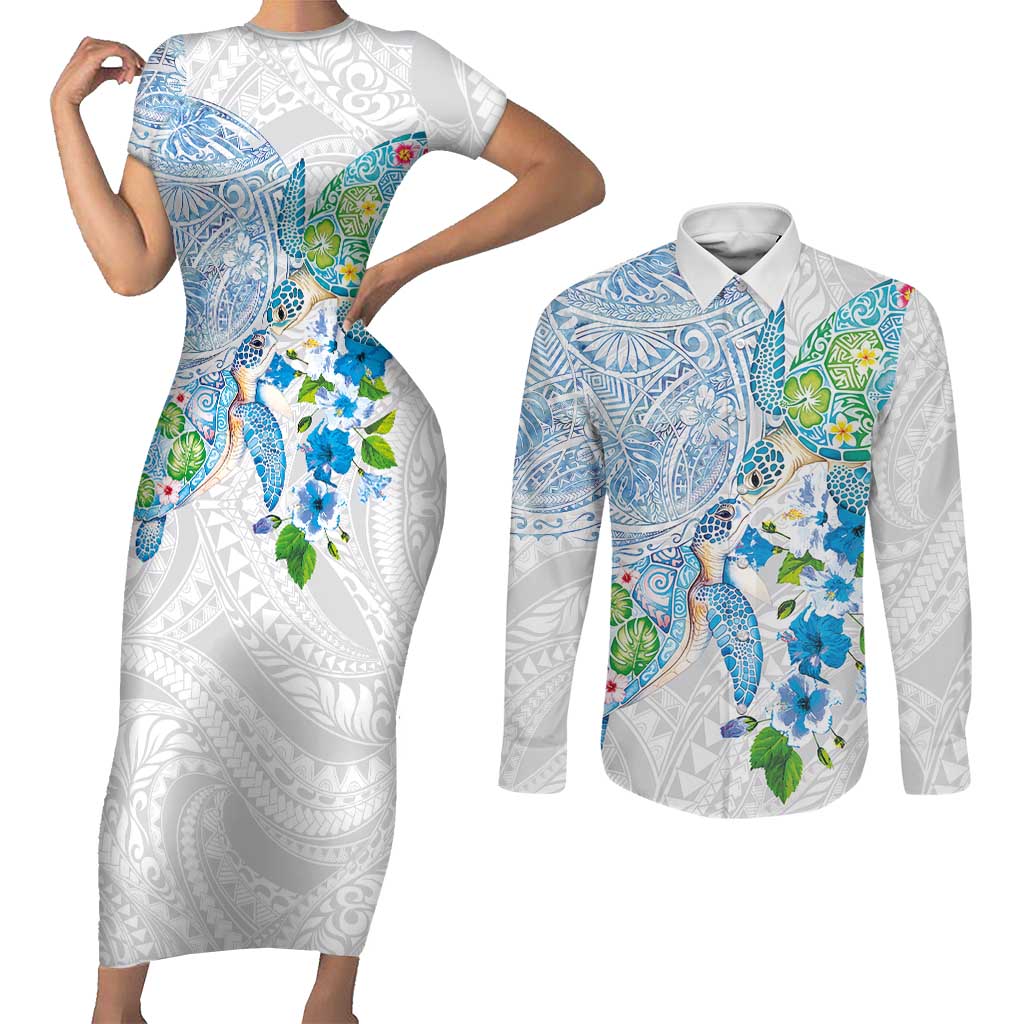 Hawaiian Couple Turtles Honi Couples Matching Short Sleeve Bodycon Dress and Long Sleeve Button Shirt Polynesian Art Motifs and Hibiscus White Blue Color - Polynesian Pride