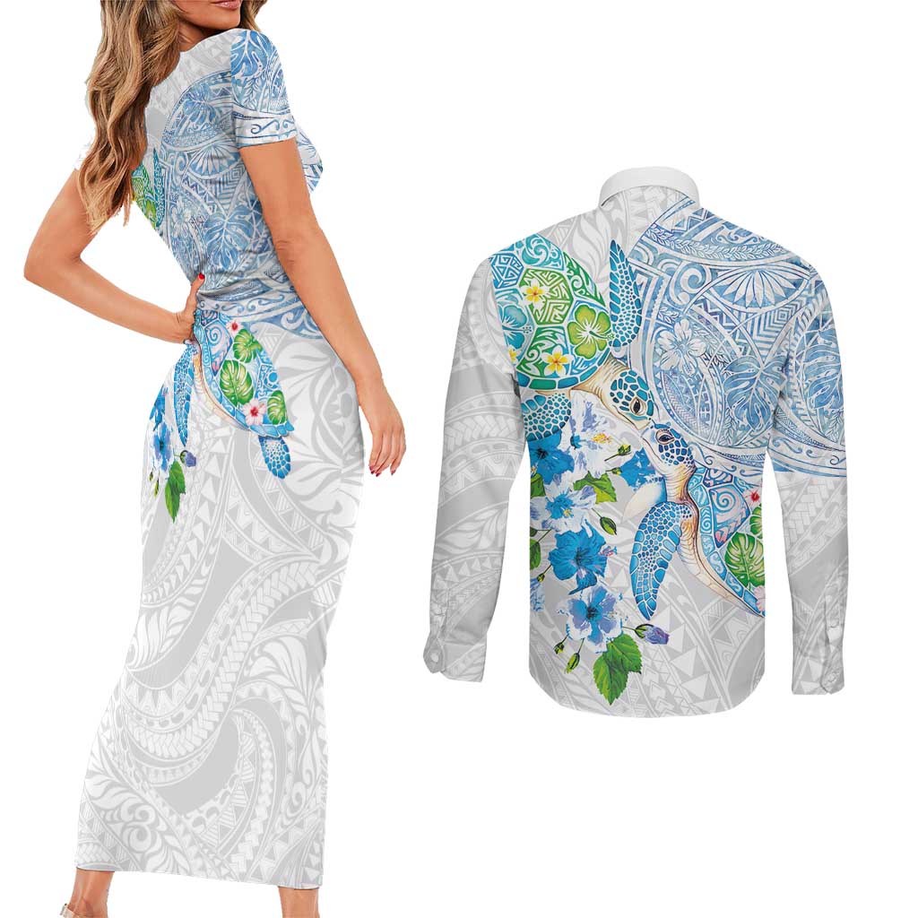 Hawaiian Couple Turtles Honi Couples Matching Short Sleeve Bodycon Dress and Long Sleeve Button Shirt Polynesian Art Motifs and Hibiscus White Blue Color - Polynesian Pride