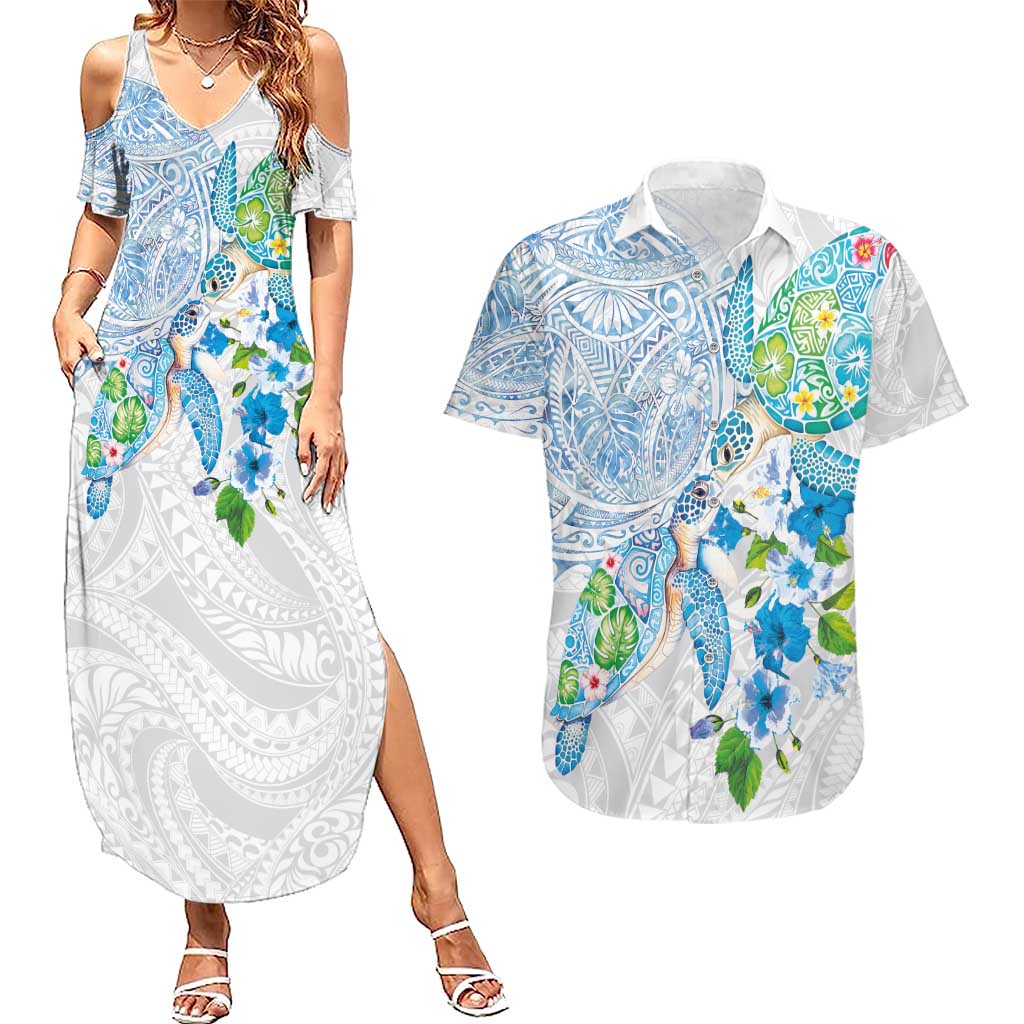 Hawaiian Couple Turtles Honi Couples Matching Summer Maxi Dress and Hawaiian Shirt Polynesian Art Motifs and Hibiscus White Blue Color - Polynesian Pride