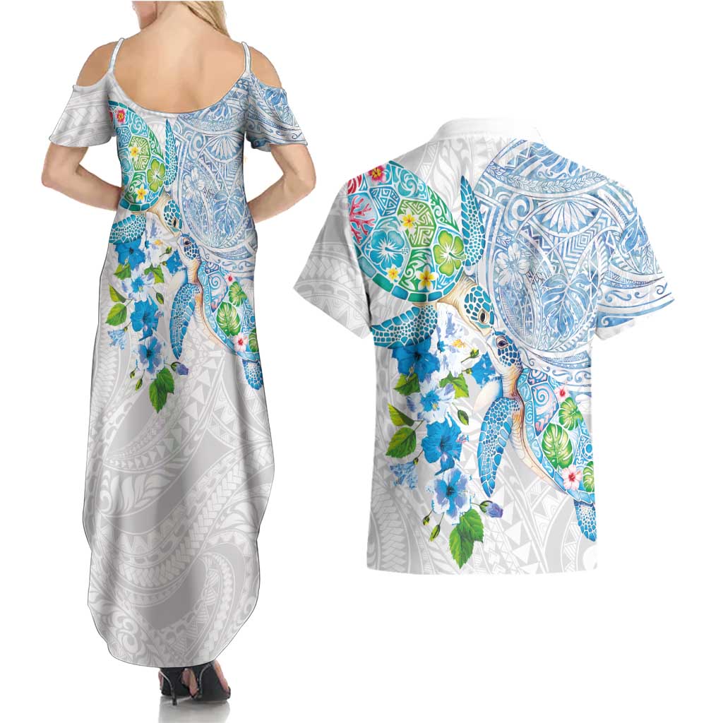 Hawaiian Couple Turtles Honi Couples Matching Summer Maxi Dress and Hawaiian Shirt Polynesian Art Motifs and Hibiscus White Blue Color - Polynesian Pride