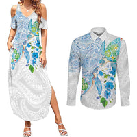 Hawaiian Couple Turtles Honi Couples Matching Summer Maxi Dress and Long Sleeve Button Shirt Polynesian Art Motifs and Hibiscus White Blue Color - Polynesian Pride