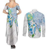 Hawaiian Couple Turtles Honi Couples Matching Summer Maxi Dress and Long Sleeve Button Shirt Polynesian Art Motifs and Hibiscus White Blue Color - Polynesian Pride