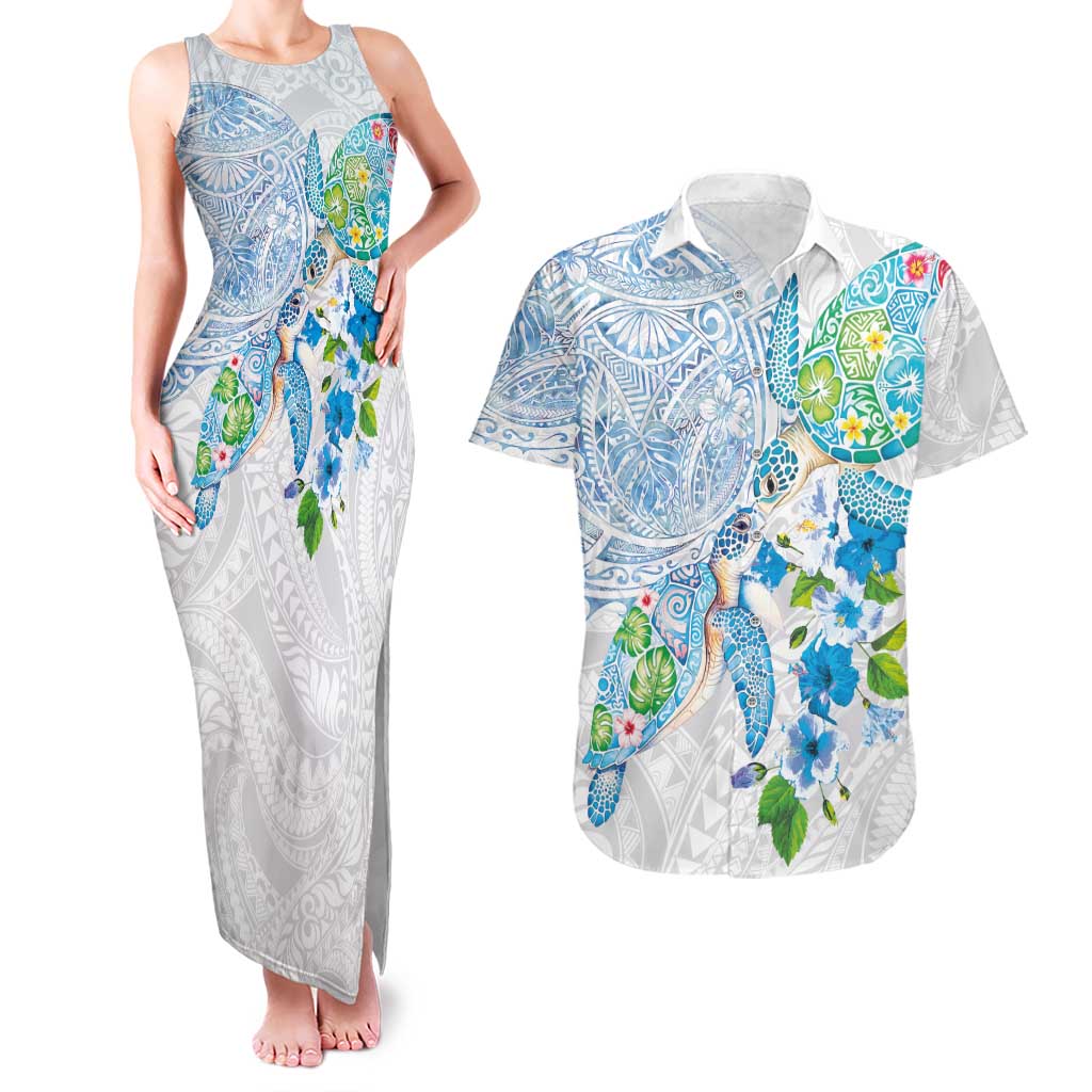 Hawaiian Couple Turtles Honi Couples Matching Tank Maxi Dress and Hawaiian Shirt Polynesian Art Motifs and Hibiscus White Blue Color - Polynesian Pride