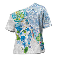 Hawaiian Couple Turtles Honi Cross Shoulder Shirt Polynesian Art Motifs and Hibiscus White Blue Color - Polynesian Pride