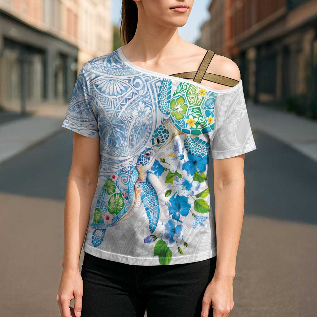 Hawaiian Couple Turtles Honi Cross Shoulder Shirt Polynesian Art Motifs and Hibiscus White Blue Color - Polynesian Pride