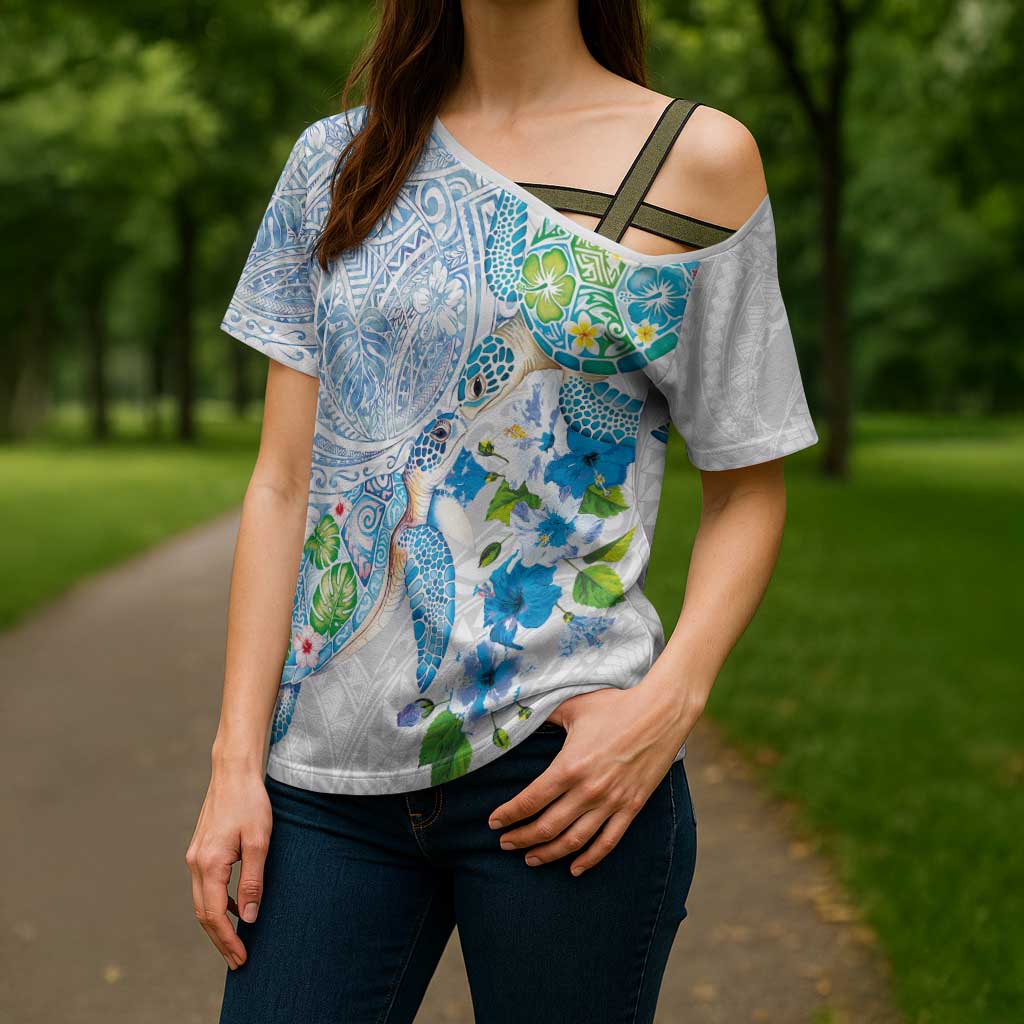 Hawaiian Couple Turtles Honi Cross Shoulder Shirt Polynesian Art Motifs and Hibiscus White Blue Color - Polynesian Pride