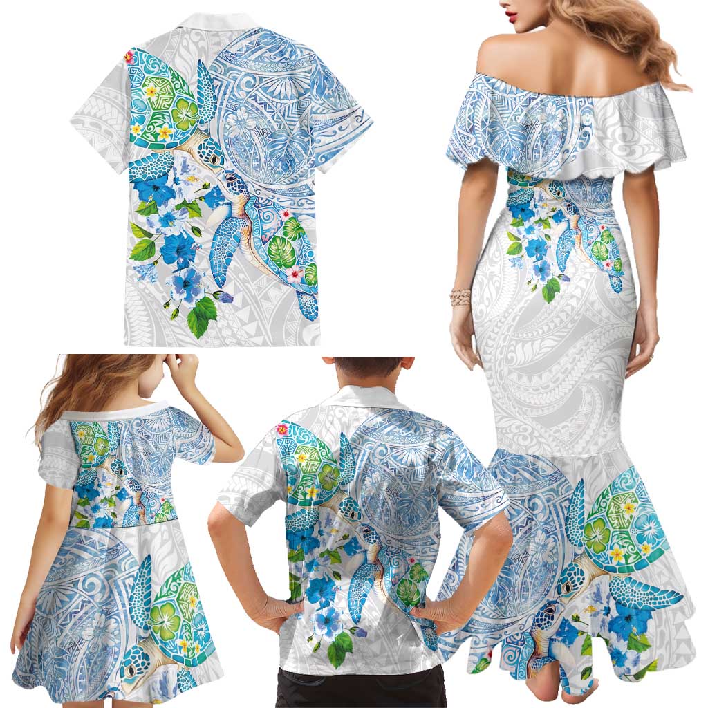 Hawaiian Couple Turtles Honi Family Matching Mermaid Dress and Hawaiian Shirt Polynesian Art Motifs and Hibiscus White Blue Color - Polynesian Pride