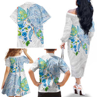 Hawaiian Couple Turtles Honi Family Matching Off The Shoulder Long Sleeve Dress and Hawaiian Shirt Polynesian Art Motifs and Hibiscus White Blue Color - Polynesian Pride