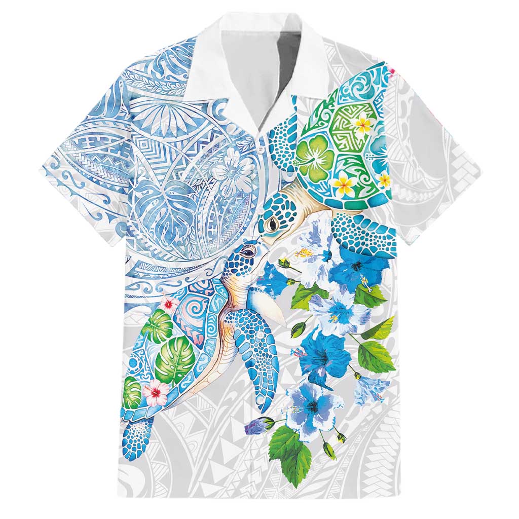 Hawaiian Couple Turtles Honi Family Matching Off The Shoulder Long Sleeve Dress and Hawaiian Shirt Polynesian Art Motifs and Hibiscus White Blue Color - Polynesian Pride