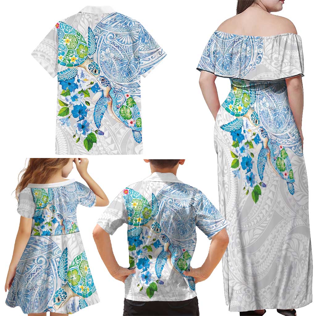 Hawaiian Couple Turtles Honi Family Matching Off Shoulder Maxi Dress and Hawaiian Shirt Polynesian Art Motifs and Hibiscus White Blue Color - Polynesian Pride