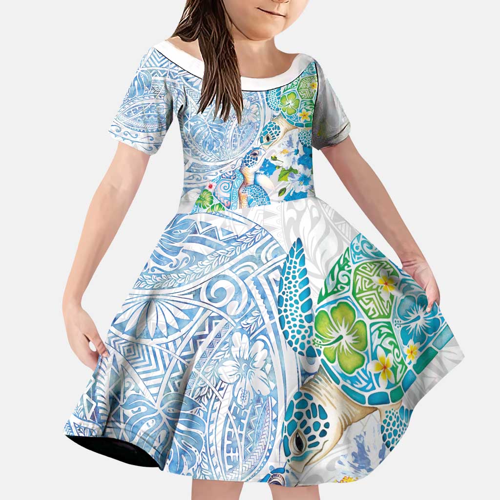 Hawaiian Couple Turtles Honi Family Matching Off Shoulder Short Dress and Hawaiian Shirt Polynesian Art Motifs and Hibiscus White Blue Color - Polynesian Pride
