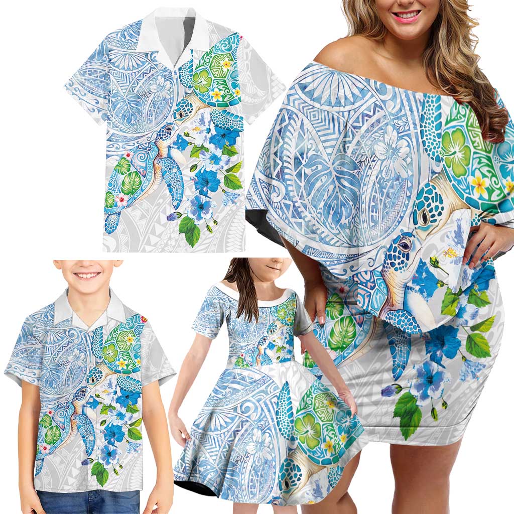 Hawaiian Couple Turtles Honi Family Matching Off Shoulder Short Dress and Hawaiian Shirt Polynesian Art Motifs and Hibiscus White Blue Color - Polynesian Pride