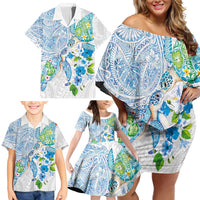 Hawaiian Couple Turtles Honi Family Matching Off Shoulder Short Dress and Hawaiian Shirt Polynesian Art Motifs and Hibiscus White Blue Color - Polynesian Pride