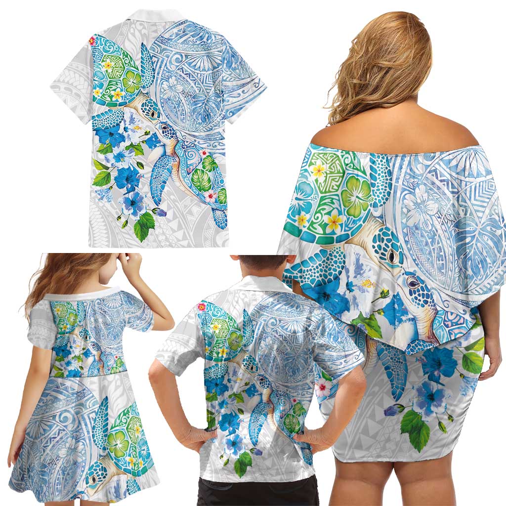 Hawaiian Couple Turtles Honi Family Matching Off Shoulder Short Dress and Hawaiian Shirt Polynesian Art Motifs and Hibiscus White Blue Color - Polynesian Pride
