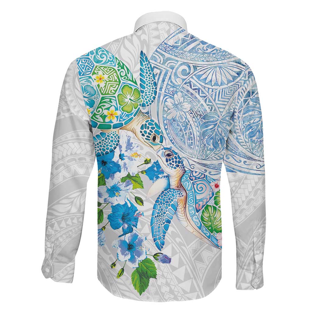Hawaiian Couple Turtles Honi Family Matching Off Shoulder Short Dress and Hawaiian Shirt Polynesian Art Motifs and Hibiscus White Blue Color - Polynesian Pride