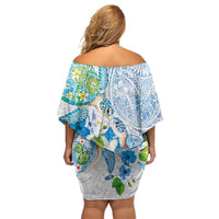 Hawaiian Couple Turtles Honi Family Matching Off Shoulder Short Dress and Hawaiian Shirt Polynesian Art Motifs and Hibiscus White Blue Color - Polynesian Pride