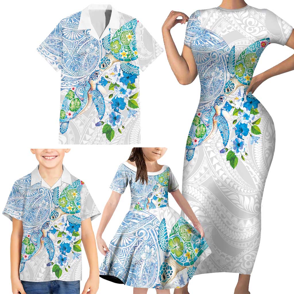 Hawaiian Couple Turtles Honi Family Matching Short Sleeve Bodycon Dress and Hawaiian Shirt Polynesian Art Motifs and Hibiscus White Blue Color - Polynesian Pride