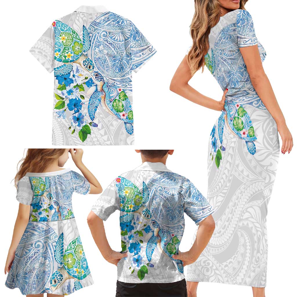 Hawaiian Couple Turtles Honi Family Matching Short Sleeve Bodycon Dress and Hawaiian Shirt Polynesian Art Motifs and Hibiscus White Blue Color - Polynesian Pride