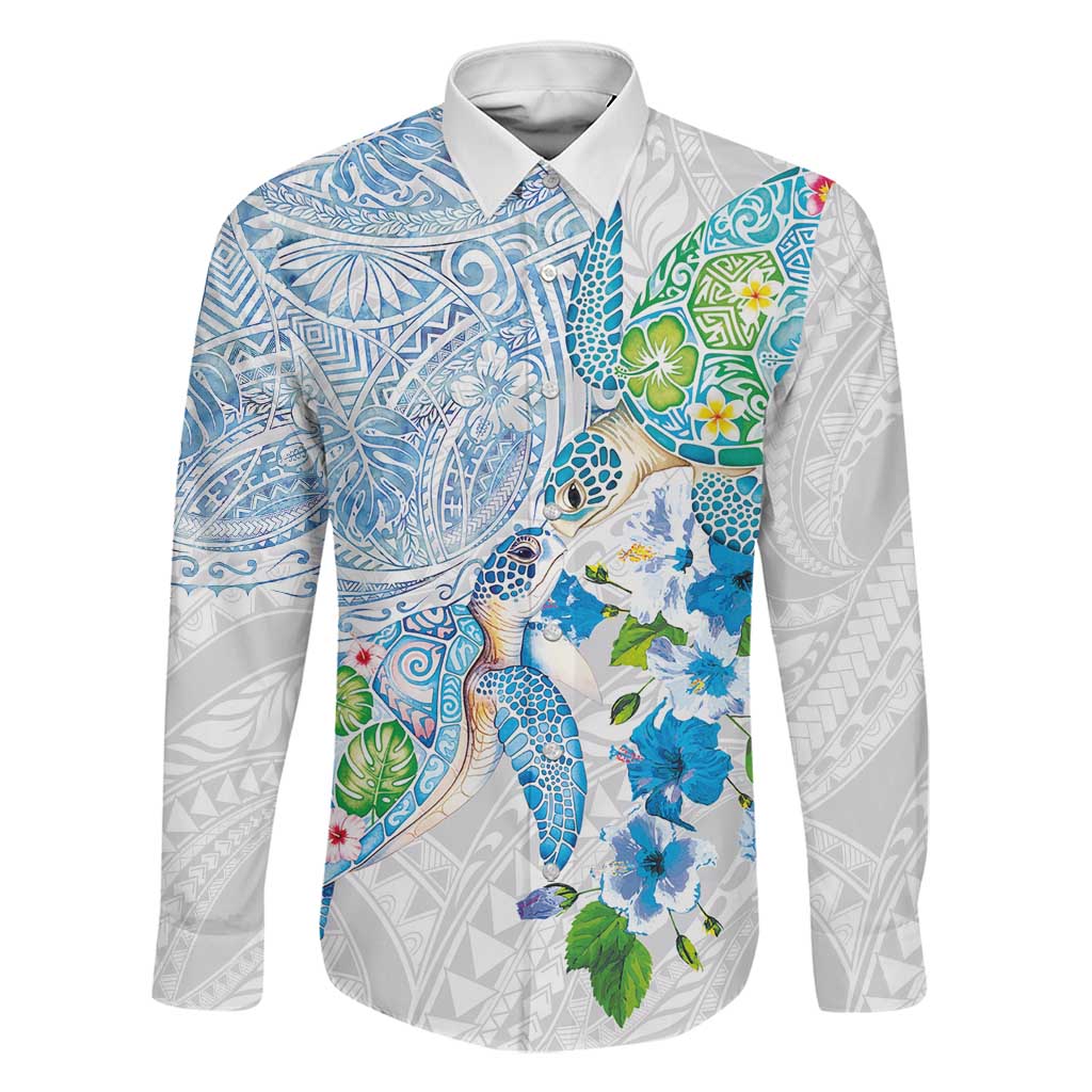 Hawaiian Couple Turtles Honi Family Matching Short Sleeve Bodycon Dress and Hawaiian Shirt Polynesian Art Motifs and Hibiscus White Blue Color - Polynesian Pride